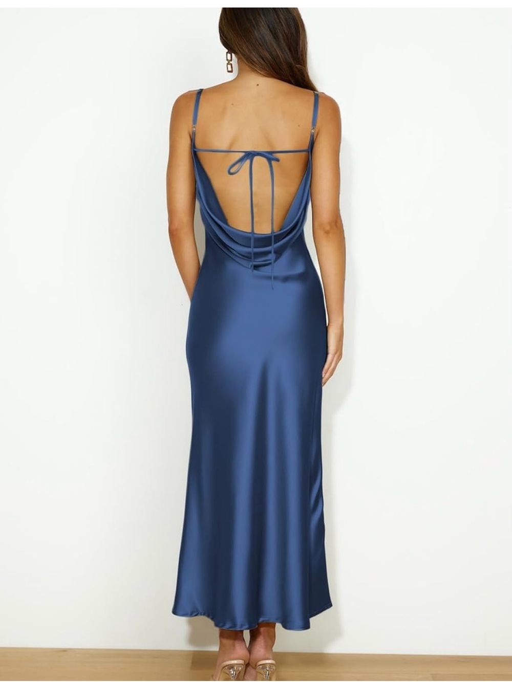 Satin Cowl Neck Slip Dress - Navy Blue - Picture 2 of 9